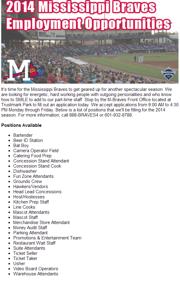 Job openings with the Mississippi Braves 
