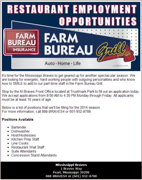 More employment opportunities with the Mississippi Braves 